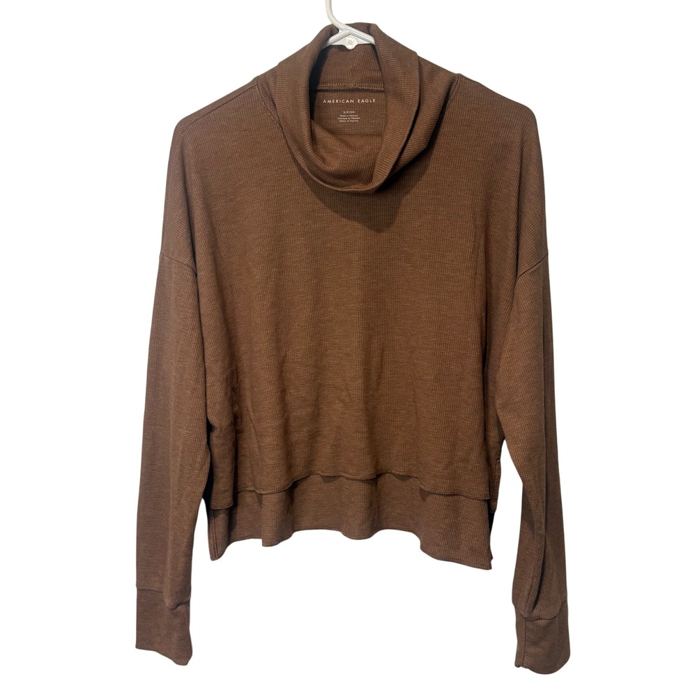 American Eagle Cowl Neck Top Women S Brown Waffle Knit High Low Cozy Relaxed